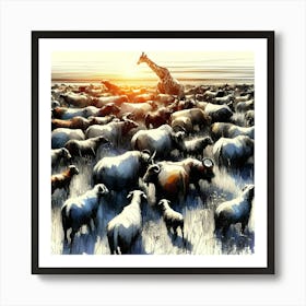 Giraffes And Sheep Art Print