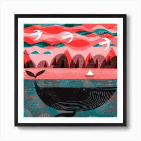 Pink Sky Whale Square Art Print