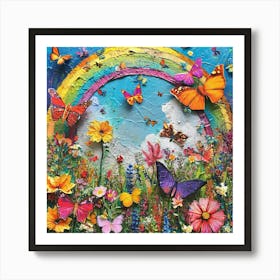 Kitsch Butterfly Collage With A Rainbow Art Print