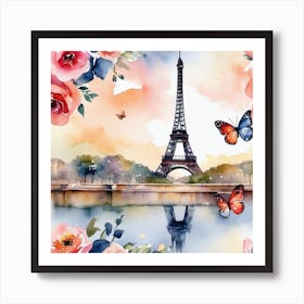 Paris With Roses And Butterflies 1 Art Print