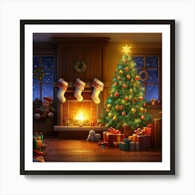 Cozy Christmas Eve Crackling Fireplace Casting A Soft Glow On The Elaborate Decorated Tree Toys Su Art Print