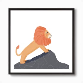 Orange Lion On A Rock Square Art Print