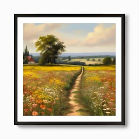 Path In The Meadow.An elaborate work of art about nature in the countryside of old England, antique oil colours, the touch of a creative artist. Art Print