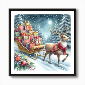 Christmas Reindeer with Gift-Filled Sleigh in a Snowy Winter Wonderland Art Print