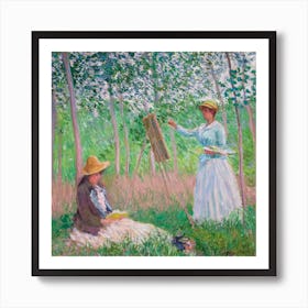 In The Woods At Giverny, Blanche Hoschedé At Her Easel With Suzanne Hoschedé Reading (1887), Claude Monet Art Print