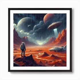 Astronaut With Spaceships On Mars Art Print