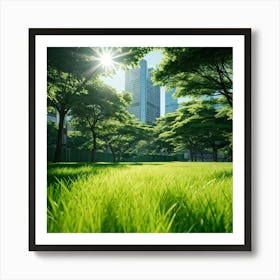 Bright Green Grass Under A Radiant Sun Swathed In Tokyo City Stands Out Against The Contrasting Sh (6) Art Print