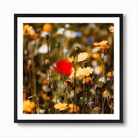 Red Poppy Flower In A Summers Field  Colour Nature Photography Square Art Print