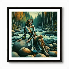 Woman Sitting On Rocks Art Print