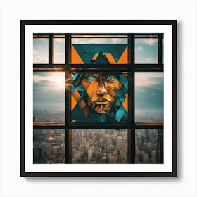 A Man S Head Shows Through The Window Of A City, In The Style Of Multi Layered Geometry, Egyptian Ar (5) Art Print