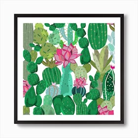 Cactus And Succulent Tropical Flowers Pattern Square Art Print