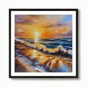 The sea. Beach waves. Beach sand and rocks. Sunset over the sea. Oil on canvas artwork.34 Art Print