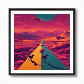 An Image Of A Dog Walking Through An Orange And Yellow Colored Landscape, In The Style Of Dark Teal (6) Art Print