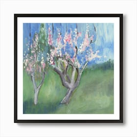 Apricot Blossom - hand painted square landscape impressionist blue green nature garden living room bedroom Art Print
