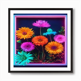 Neon Flowers In A Frame 1 Art Print