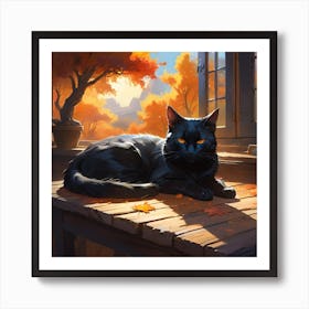 Black Cat In Autumn Art Print