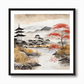 Japanese Landscape Painting Sumi E Drawing (17) Art Print
