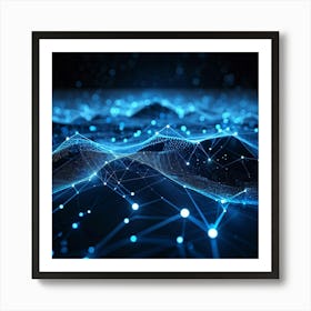 Abstract Geometric Network Tangled In Glowing Blue Lines And Dots Forming Wave Like Patterns And Po Art Print