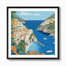 Italy Amalfi Coast Cute Illustration In Blue Art Print 1 Art Print