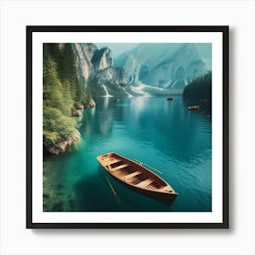 Boat in Mountains Lake Art Print
