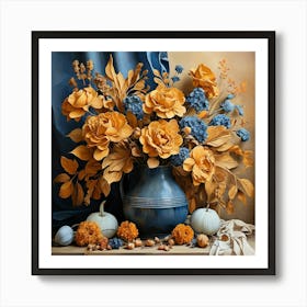 Still Life Ocher And Blue Autumn Flowers Art Print 2 Art Print