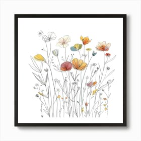 Hand Drawn Wildflowers Line Art 7 Art Print