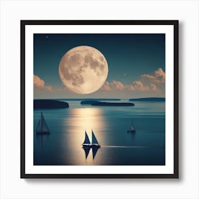 Full Moon Over Sailboats Art Print
