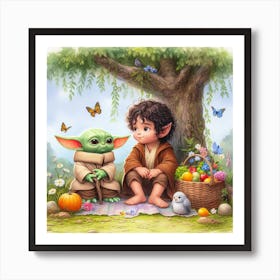 Din Grogu Baby Yoda And Frodo Having A Picnic Star Wars Lord Of The Rings Art Print Affiche