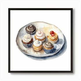 Watercolor Cupcakes On A Plate Art Print