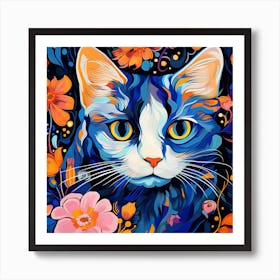 Blue Cat With Flowers Art Print