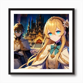Anime Princess, Anime Girl, Blue-Eyed Anime Girl, Noble Prince, Gothic Castle, Evening Courtyard, Regal Attire, Fantasy Artwork 1 Art Print