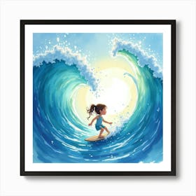 Little Girl Surfing A Wave Art Print