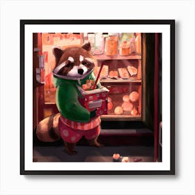 Raccoon Running a Japanese Shop Art Print