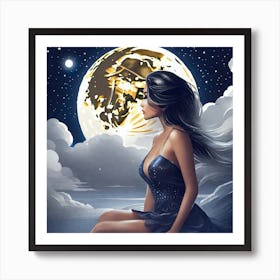 Woman Sitting On The Moon Art Print