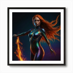 A Phoenix-style female mermaid suspended in space with her hands coming forward casting a spell with a dynamic and expressive hand pose, her face is serious, her long braided fire-red hair reflects psychedelic rainbow flames and her eyes are glowing neon orange with energy smoke coming from the sides, her bodysuit and boots are full gold chrome with her body in a defensive dynamic flying pose, psychedelic black light colors, hyper-realistic, Full body shot zoomed out xc Art Print