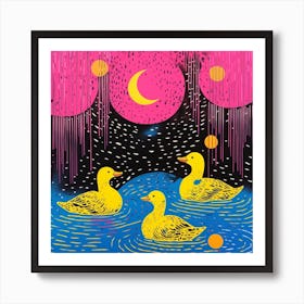 Duckling Colourful In The Pond Linocut Style 4 Art Print