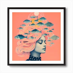 Risograph Style Surreal Woman & Fish, Candy Colours 2 Art Print