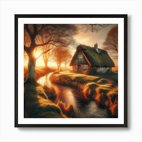 Thatched Cottage Beside A Stream Art Print