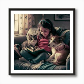 Little Girl Reading A Book Affiche