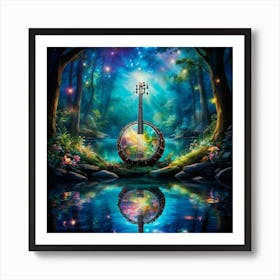 Enchanted Forest Scene With A Banjo Floating On A Still Body Of Water Reflections Forming A Kaleido (1) Art Print