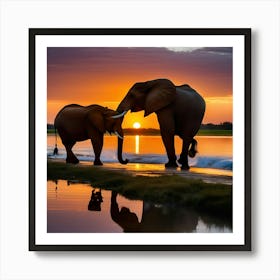 Elephants At Sunset 1 Poster