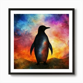 Silhouette Of A Penguin Against A Colorful Watercolor Sunset Art Print