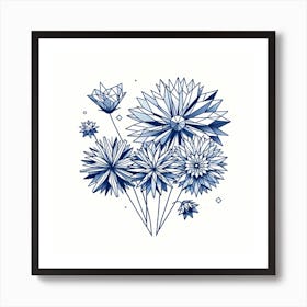 Title: "Sapphire Flora: Geometric Nature in Indigo"  Description: "Sapphire Flora" is an intricate exploration of floral geometry, where each blossom is crafted from the crisp lines and sharp angles of a mathematical dream. Set against a pristine background, the deep indigo hues give this botanical collection a striking presence, reminiscent of traditional cyanotype prints. The artwork celebrates the symmetry found in nature's forms, transforming petals and leaves into a kaleidoscope of abstract shapes. This piece marries the precision of geometry with the organic beauty of natural flora, making it a sophisticated and contemporary addition to any space that values design, pattern, and the elegance of simplicity. Art Print