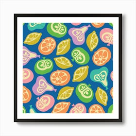 JUICY FRUITS Retro Plump Ripe Fruit Apple Pear Lemon Lime Orange Citrus in Bright Summer Colours on Royal Blue Art Print