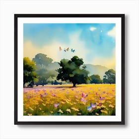 Watercolor Of A Field With Butterflies Art Print