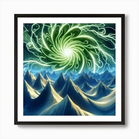 3 Dimensional Mountains With Multiple Green Lightning And White Swirls In A Vortex 4 Art Print