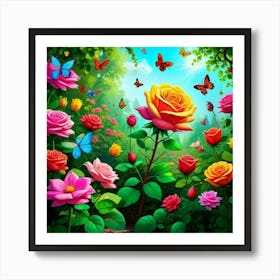 Roses And Butterflies 1 Art Print