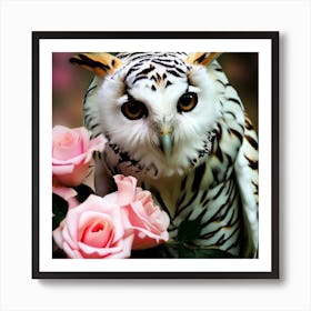 White Tiger Owl With Pink Roses Art Print