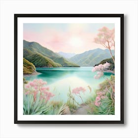 Watercolour Landscape Marlborough Sounds Shades Of Blush Pink Pale Blue And Mint Green Art Print