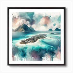 Ocean’s Embrace, An abstract piece in watercolors emphasizing on the circular embrace of the atoll around its central lagoon. This artwork would fit well in a dining room or a kitchen, where it can add some color and warmth to the space. 3 Art Print